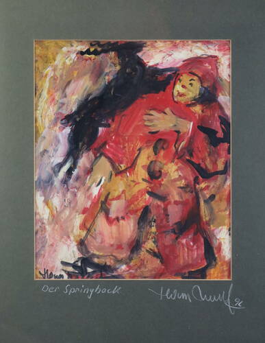 Der Springbock: Öl / Pappe, PP HxB 28x23 cm , auf PP bez./sign./dat. 92, zus. sign. im Bild (halb verdeckt durch PP)