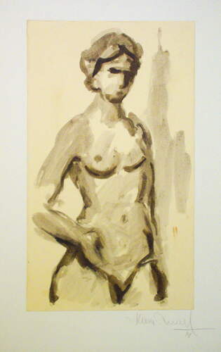 Pinselzeichnung / Papier, HxB 60,5x35,3 cm, aufgeklebt auf kunststoffkasch. Spanpl., darauf sign./dat. 91