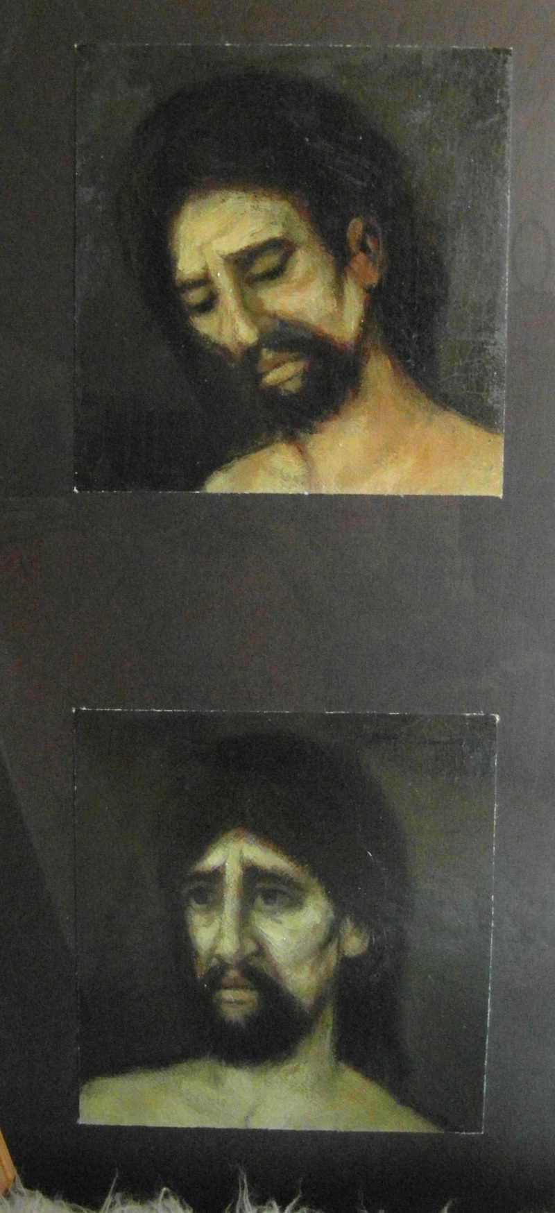 Öl / Karton, HxB 31x30 cm (Chr.) bzw. 30,5x30 cm (Jud.), beide signiert 
