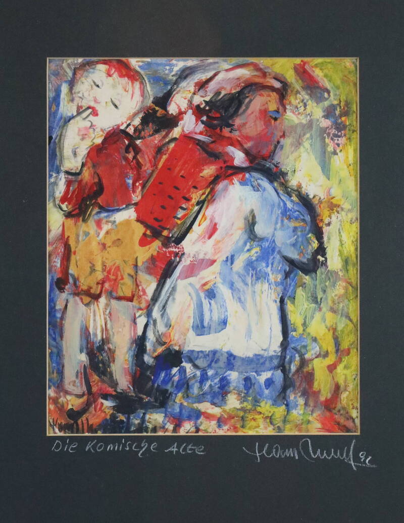 Die komische Alte: Öl / Pappe, PP HxB 28x23 cm , auf PP bez./sign./dat. 92, zus. sign. im Bild (halb verdeckt durch PP)
